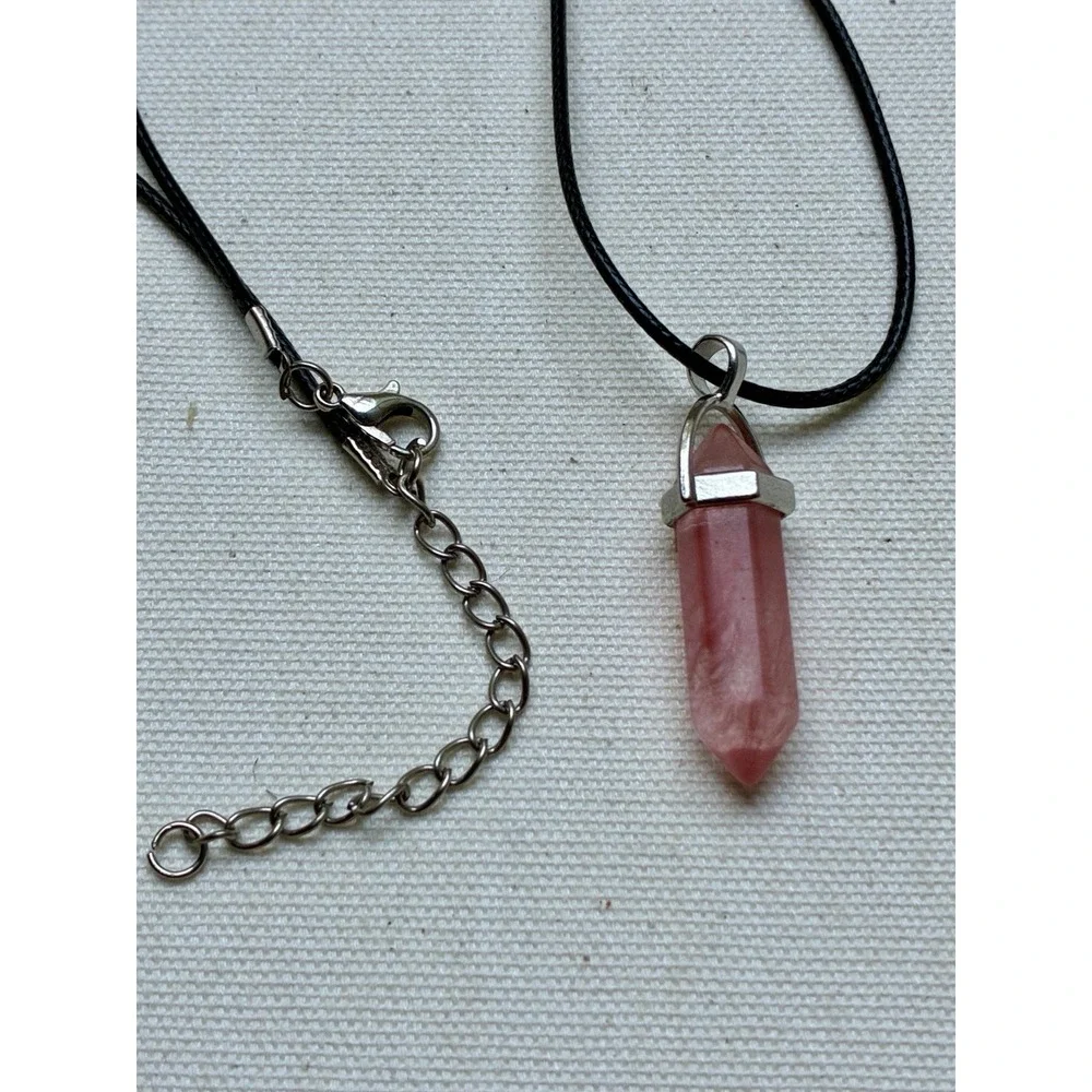 Rose Crystal Point Pendant Necklace Black Cord Silver Tone Boho Y2K Bohemian